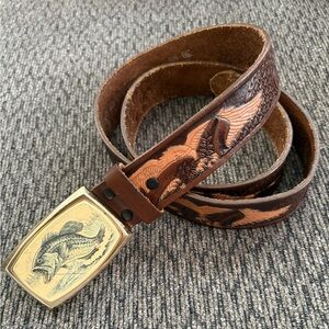VTG Mens Tooled Belt Top Grain Leather American Eagle  RAINTREE Large Mouth Bass